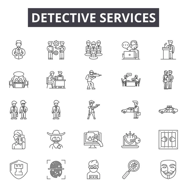 Icone della linea dei servizi investigativi, segnaletica, vettore. Servizi di Detective schema concetto, illustrazione: servizio, debusiness, tecnologia, internet, web, detective — Vettoriale Stock