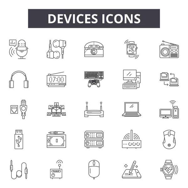 Iconos de línea de dispositivos, conjunto de signos, vector. Concepto de esquema de dispositivos, ilustración: teléfono, móvil, computadora portátil, computadora, tableta, dispositivo, monitor, pantalla — Vector de stock