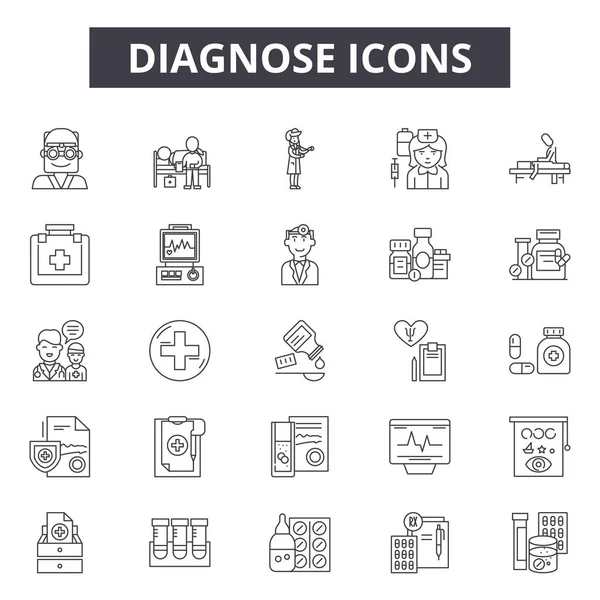 Diagnostikovat ikony čar, nastavení značek, vektor. Diagnostikovat koncepci osnovy, ilustrace: lékařská, diagnóza, zdraví, lékařství, nemocnice, lékař, péče — Stockový vektor