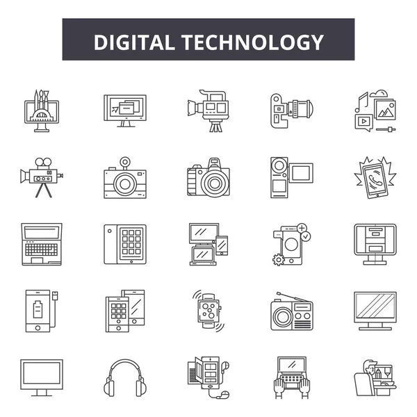 デジタル技術ラインアイコン、標識セット、ベクトル。デジタル技術アウトラインコンセプト、イラスト:技術、デジタル、ネットワーク、インターネット、コンピュータ、情報、技術、接続 — ストックベクタ