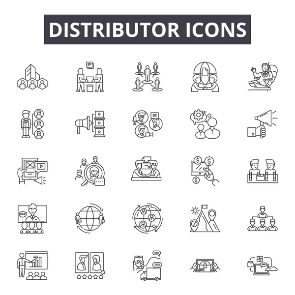 Iconos de línea de distribuidor, conjunto de signos, vector. Concepto del esquema del distribuidor, ilustración: distribuidor, entrega, distribución, plano, red, negro, estructura — Vector de stock