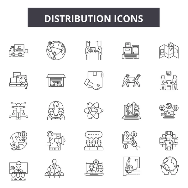 Iconos de línea de Ditribución, conjunto de signos, vector. Ditribution outline concept, illustration: distribution, deweb, delivery, business, flat — Vector de stock