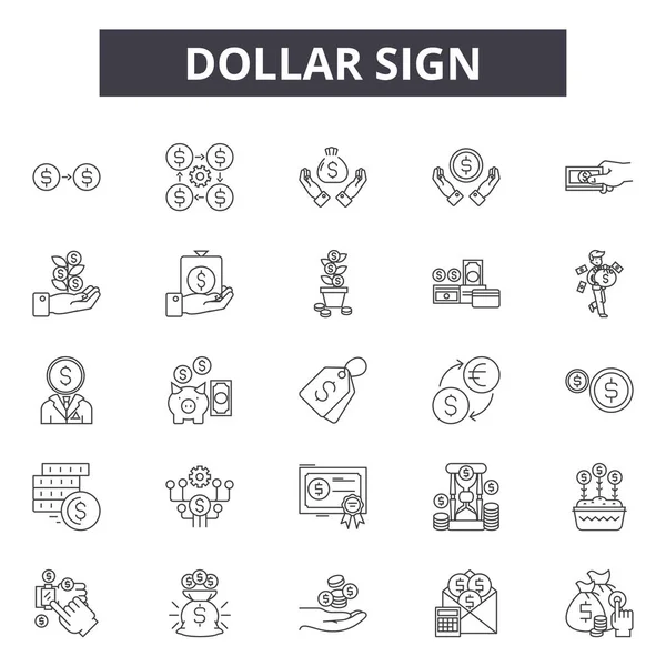 Icone della linea di segno del dollaro, set di segni, vettore. Concetto di schema del segno del dollaro, illustrazione: valuta, dollaro, affari, denaro, finanza — Vettoriale Stock