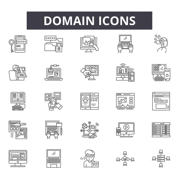 Iconos de línea de dominio, conjunto de signos, vector. Concepto de esquema de dominio, ilustración: web, internet, dominio, sitio web, red, negocio, búsqueda — Vector de stock