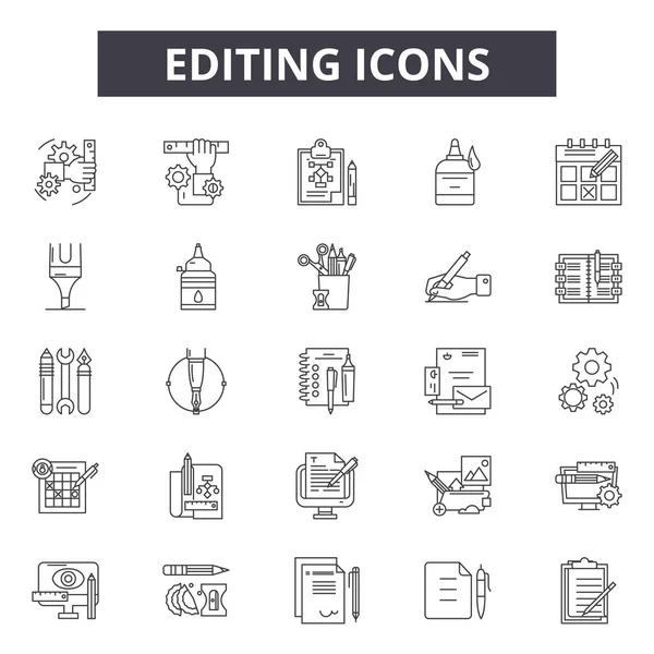 Edición de iconos de línea, conjunto de signos, vector. Concepto de esquema de edición, ilustración: lápiz, editar, botón, pluma, escribir — Archivo Imágenes Vectoriales