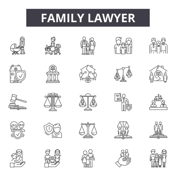 Iconos de línea de abogado de familia, letreros, vector. Abogado de familia esbozar ilustración concepto: abogado, familia, derecho, corte, negocio, legal, concepto — Archivo Imágenes Vectoriales