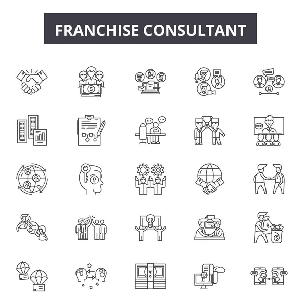 Linha de consultoria de franquia ícones, conjunto de sinais, vetor. Conceito de esboço de consultor de franquia, ilustração: negócios, franquia, finanças, sucesso, estratégia, empresa, marketing, liderança — Vetor de Stock