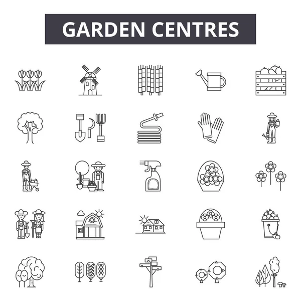 ガーデンセンターラインアイコン、標識セット、ベクトル。ガーデンセンターアウトラインコンセプト、イラスト:庭、自然、デプラント、ツリー、ロゴ — ストックベクタ