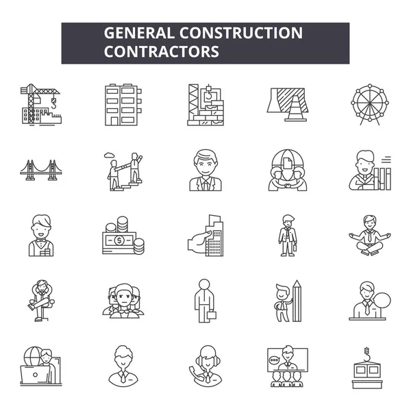 Empreiteiros de construção geral ícones de linha, conjunto de sinais, vetor. Empreiteiros de construção em geral esboço conceito, ilustração: empreiteiro, construção, geral, casa, casa, fundo —  Vetores de Stock
