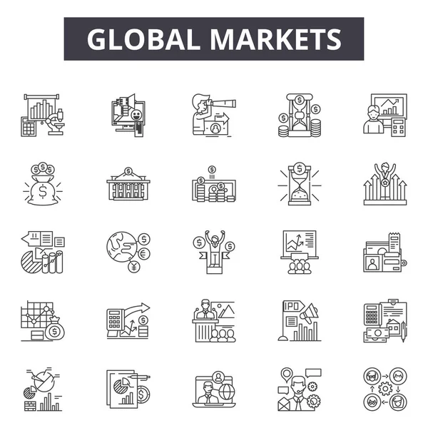 Los mercados globales alinean iconos, signos establecidos, vector. Los mercados globales esbozan el concepto, ilustración: comercialización, Internet, global, red, tela, negocio, tecnología, social, computadora — Vector de stock