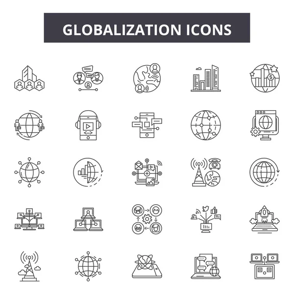 Iconos de línea de globalización, conjunto de signos, vector. Globalización esquema concepto, ilustración: global, mundo, tierra, globo, planeta, mapa — Vector de stock