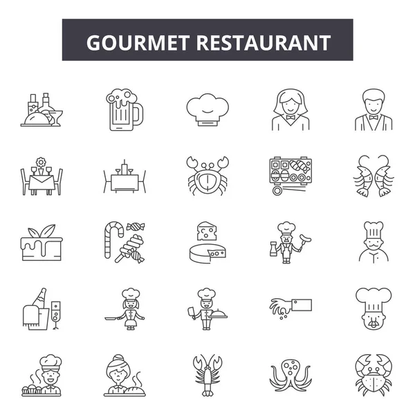 Gourmet restaurant lijn iconen, borden set, Vector. Gastronomisch restaurant omtrek concept, illustratie: Gourmet, Restaurant, eten, demenu, keuken — Stockvector