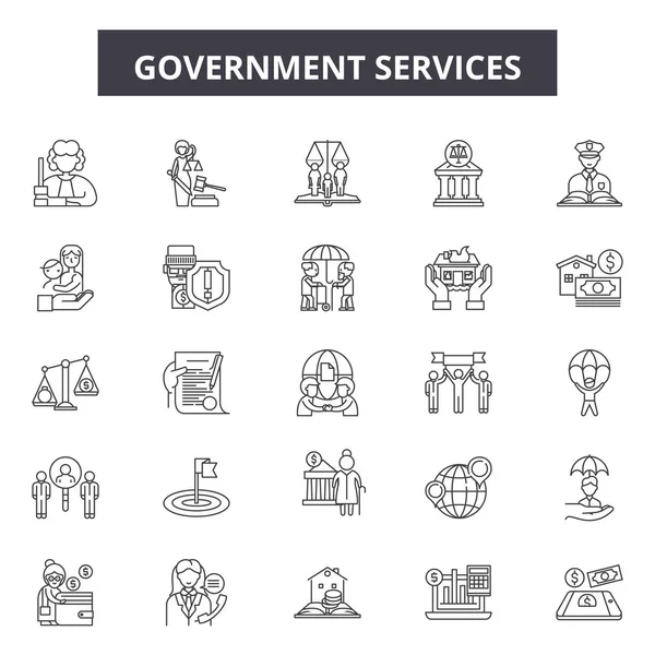 Devlet hizmetleri hattı simgeleri, işaretler seti, vektör. Devlet hizmetleri anahat kavramı, illüstrasyon: hükümet, hizmet, iş, eğitim, yönetim, para — Stok Vektör