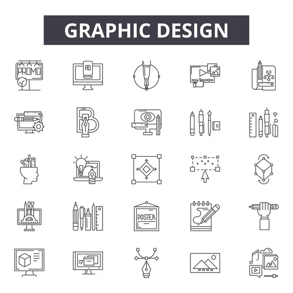 Grafik tasarımcı çizgi simgeleri, işaretler seti, vektör. Grafik tasarımcı anahat kavramı, illüstrasyon: dedesigner, grafik, web, çizim, araç — Stok Vektör