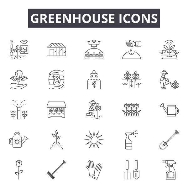 Ikony na skleníkovém řádku, nastavení značek, vektor. Koncepce skleníkového obrysu, ilustrace: skleníkové, rostlinné, zahradní, organické, přírodní — Stockový vektor