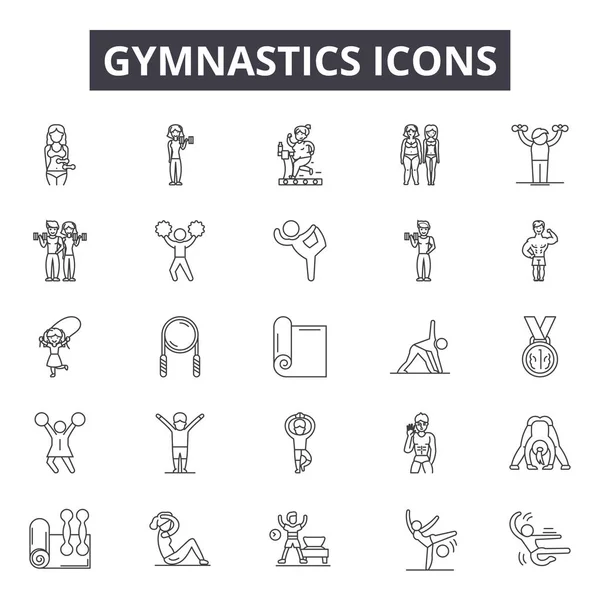 Iconos de línea de gimnasia, conjunto de signos, vector. Concepto del esquema de la gimnasia, ilustración: deporte, gimnasia, atleta, aptitud, aislado, tenis — Vector de stock