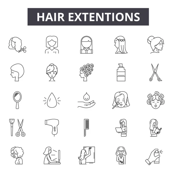 Haarverlängerungen Linie Symbole, Zeichen gesetzt, Vektor. Haarverlängerungen skizzieren Konzept, Illustration: Stil, Haare, Glamour, Hintergrund, Pflege, Mode, Frau — Stockvektor