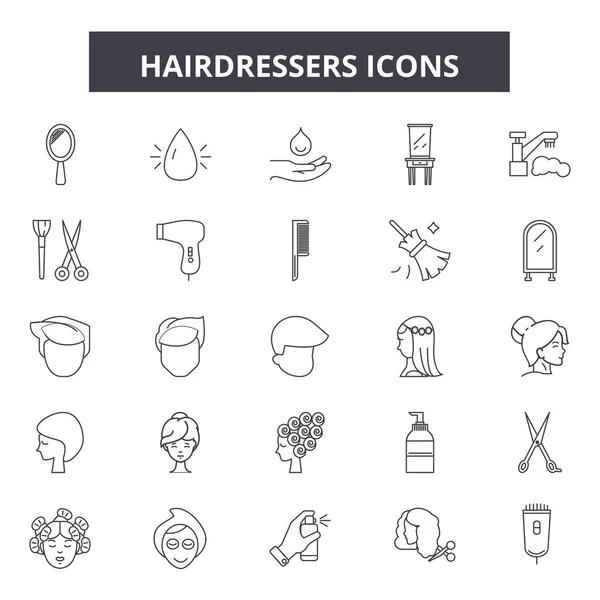 Peluqueros línea de iconos, signos establecidos, vector. Peluqueros esbozan concepto, ilustración: peluquero, pelo, corte de pelo, peluquero, tijeras, peine, salón — Vector de stock