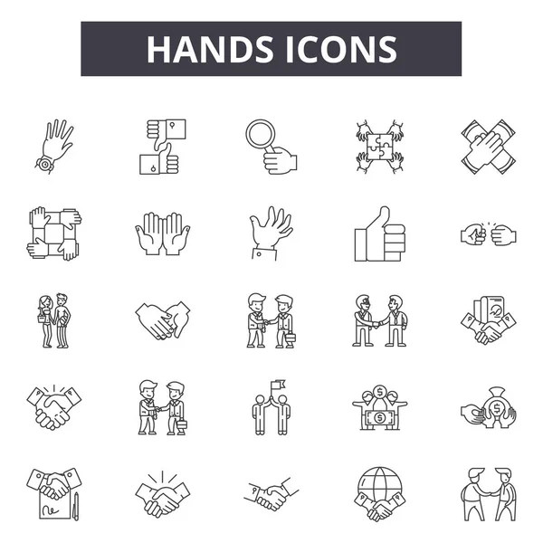Manos línea iconos, signos establecidos, vector. Manos delinear concepto, ilustración: mano, aislado, negro, concepto, dedo — Vector de stock