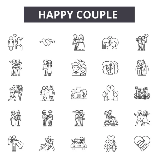 행복 한 커플 라인 아이콘, 기호 설정, 벡터입니다. 행복한 부부 개요 개념, 삽화 : 행복, 커플, 남자, 사랑, 사람들, 여자, 소녀, 모두 — 스톡 벡터