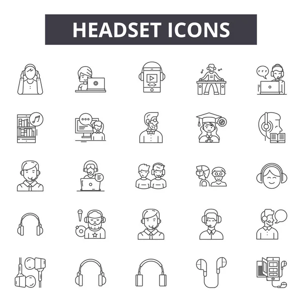 Iconos de línea de auriculares, signos de conjunto, vector. Concepto de contorno de auriculares, ilustración: auricular, cliente, soporte, servicio, teléfono, operador — Vector de stock