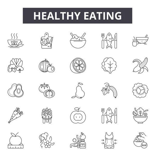 Linha de alimentação saudável ícones, conjunto de sinais, vetor. Conceito de esboço de alimentação saudável, ilustração: saudável, comida, coração, garfo, dieta, logotipo — Vetor de Stock