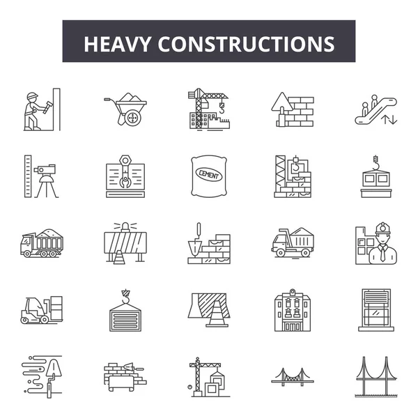 重い構造ラインアイコン、標識セット、ベクトル。重い構造の概略概念、図:重い、建設、クレーン、産業、産業、掘削機、トラック — ストックベクタ