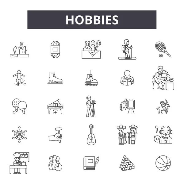 Hobbies iconos de línea, signos establecidos, vector. Aficiones esquema concepto, ilustración: hobby, música, juego, fútbol, libro, cocina — Vector de stock