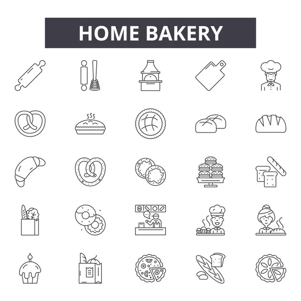 Inicio línea de panadería iconos, signos establecidos, vector. Inicio concepto de esquema de panadería, ilustración: comida, panadería, hogar, cocina, diseño — Archivo Imágenes Vectoriales