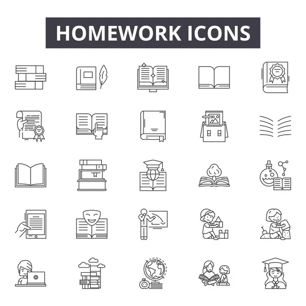 Iconos de línea de tarea, signos establecidos, vector. Concepto del esquema de la tarea, ilustración: tarea, escuela, educación, estudio, estudiante, aprendizaje, universidad, libro — Vector de stock