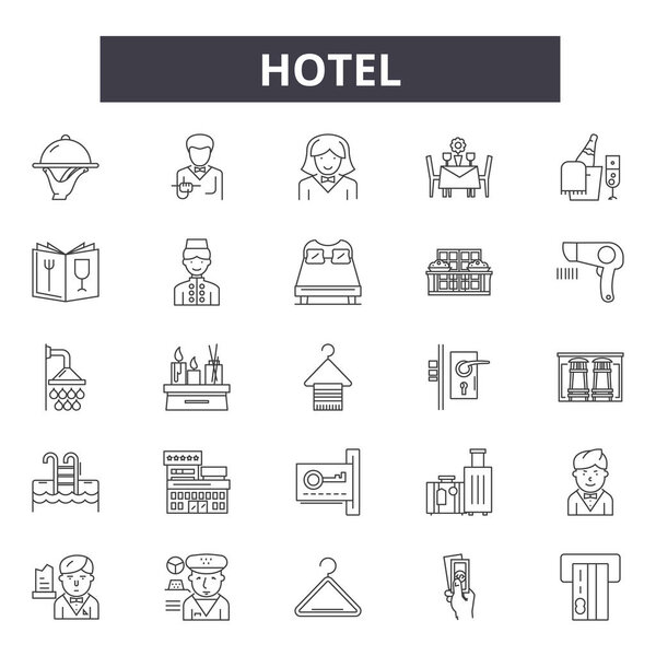 Hotel concept line icons, signs set, vector. Hotel concept outline concept, illustration: hotel,concept,business,travel,service,holiday,background