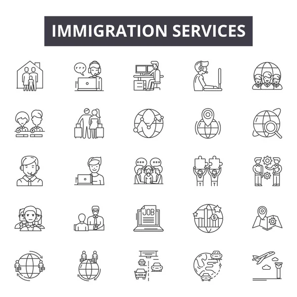 Serviços de imigração ícones de linha, conjunto de sinais, vetor. Serviços de imigração esboço conceito, ilustração: imigração, viagens, passaporte, documento, internacional, país —  Vetores de Stock