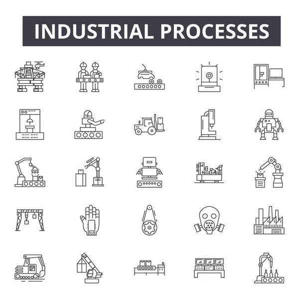 Procesos industriales línea iconos, signos conjunto, vector. Concepto de esquema de procesos industriales, ilustración: industria, proceso, ingeniería, industrial, degear, máquina — Archivo Imágenes Vectoriales