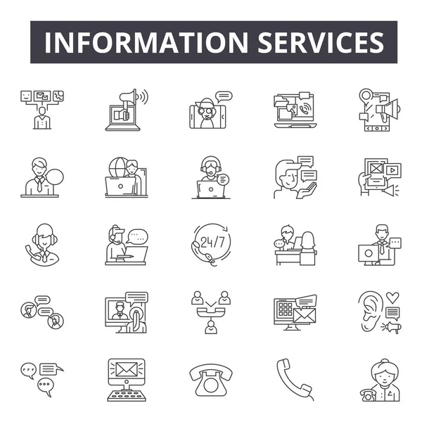 Iconos de línea de servicios de información, conjunto de signos, vector. Servicios de información esquema concepto, ilustración: información, cliente, servicio, teléfono, auricular, soporte, ayuda — Vector de stock