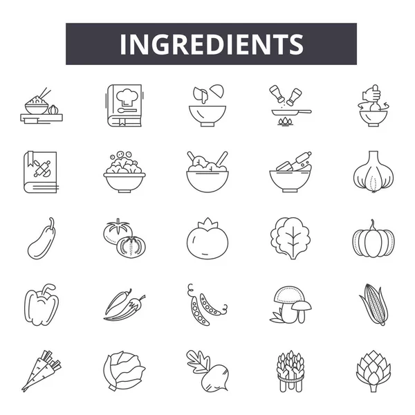 Ingredientes línea de iconos, conjunto de signos, vector. Ingredientes resumen concepto, ilustración: comida, cocina, desingredientes, saludable — Archivo Imágenes Vectoriales