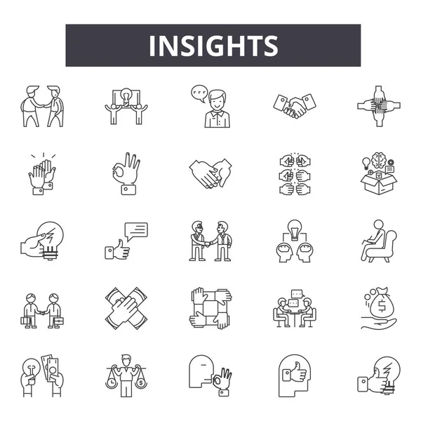 Einsichten Linie Symbole, Zeichen gesetzt, Vektor. Insights skizziert Konzept, Illustration: Insight, Business, Konzept, Idee, Glühbirne, Innovation, Technologie — Stockvektor