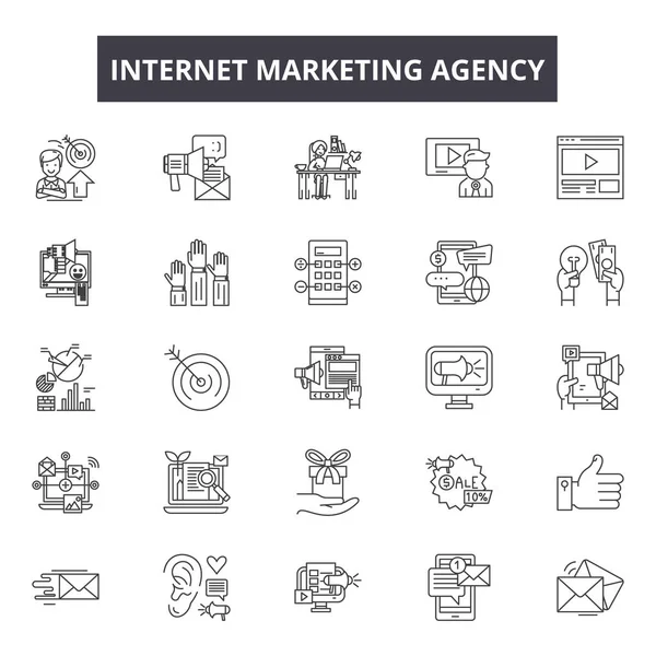 Інтернет-маркетингове агентство лінійка іконок, набір знаків, вектор. Інтернет-маркетингове агентство окреслює концепцію, ілюстрацію: Інтернет, маркетинг, агентство, веб, бізнес, розвиток, медіа — стоковий вектор
