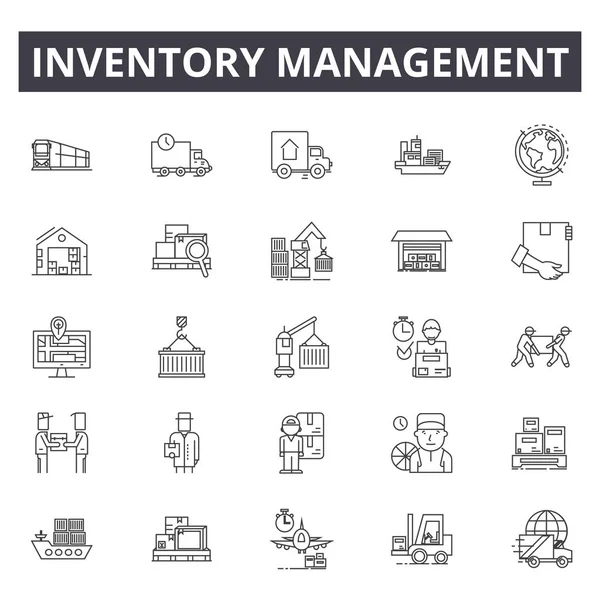 Управління запасами лінії піктограм, набір знаків, вектор. Концепція управління запасами, ілюстрація: інвентаризація, управління, склад, бізнес, доставка, зберігання, продукт — стоковий вектор