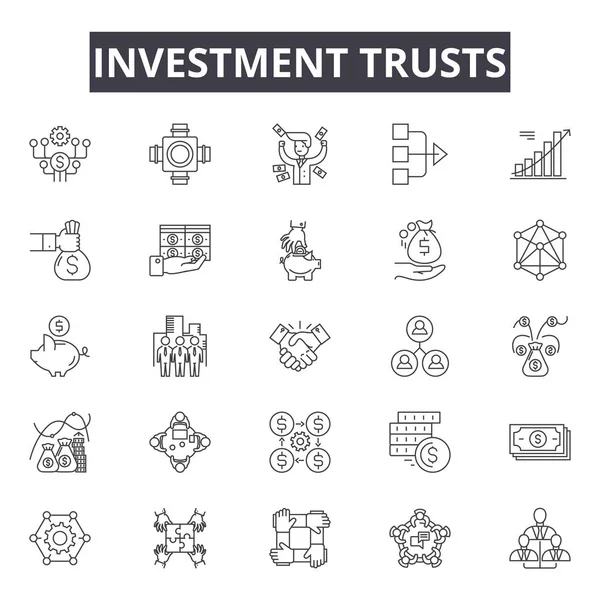 Investimento confia ícones de linha, conjunto de sinais, vetor. Investimento trusts esboço conceito, ilustração: investimento, confiança, negócios, dinheiro, finanças, conceito, financeiro, símbolo —  Vetores de Stock