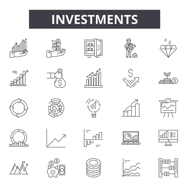 Investimentos ícones de linha, conjunto de sinais, vetor. Investimentos esboço conceito, ilustração: dinheiro, negócios, finanças, investimento, banco, moeda, financeiro, gráfico — Vetor de Stock
