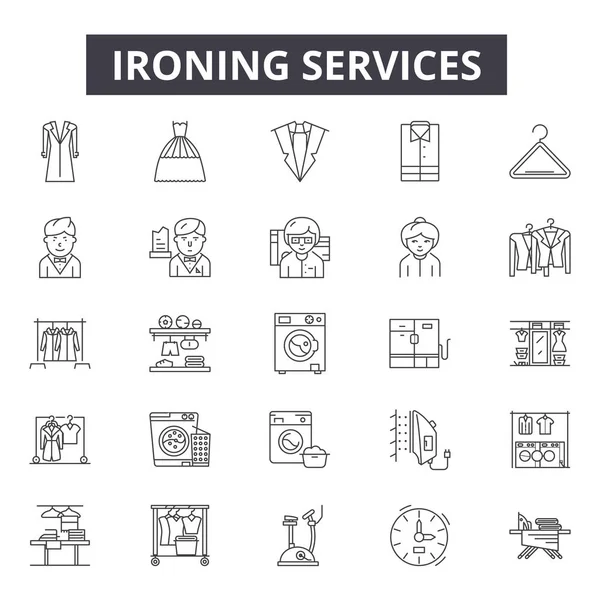 Strykservice linje ikoner, skyltar, vektor. Strykservice dispositions koncept, illustration: strykjärn, service, hotell, rum, bad, resor — Stock vektor