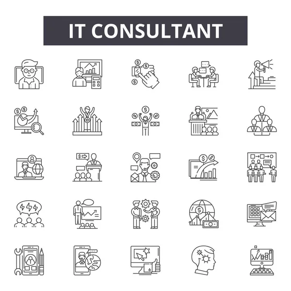 IT consultant lijn iconen, borden set, Vector. IT consultant overzicht concept, illustratie: Business, Consulting, communicatie, ondersteuning, service, team — Stockvector