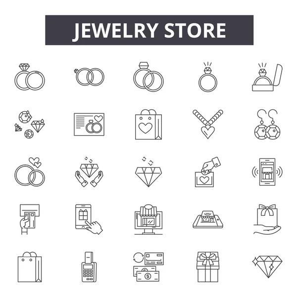 Jewelry store line icons, signs set, vector. Jewelry store outline concept, illustration: jewelry,store,shop,fashion,degift — Stock Vector