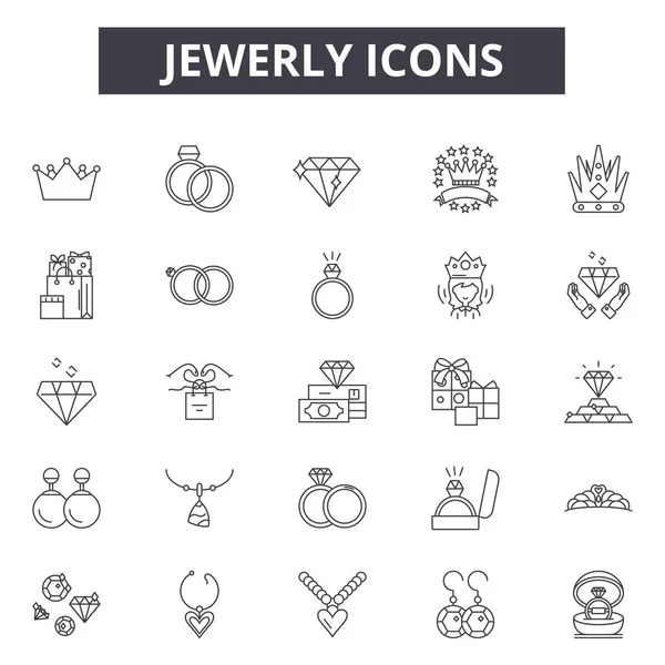 Jewerly lijn iconen, tekenen set, Vector. Jewerly overzicht concept, illustratie: Diamond, geïsoleerd, sieraden, wit, Jewerly — Stockvector