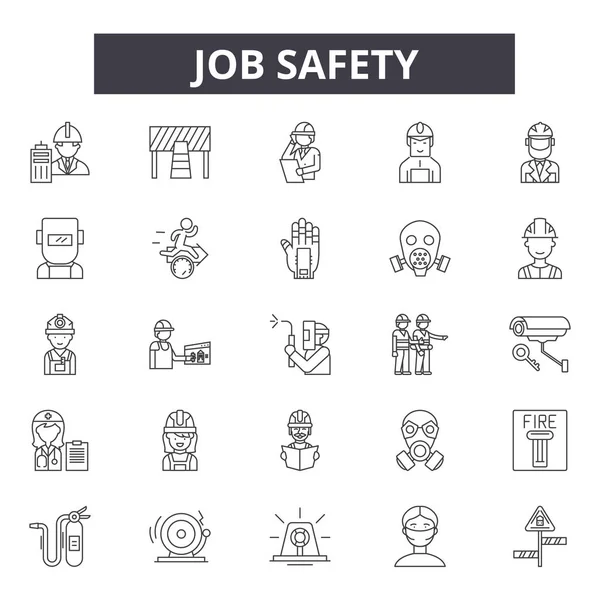 Job safety line icons, signs set, vector. Job safety outline concept, illustration: safety,job,worker,industry,construction,equipment,helmet — Stock Vector