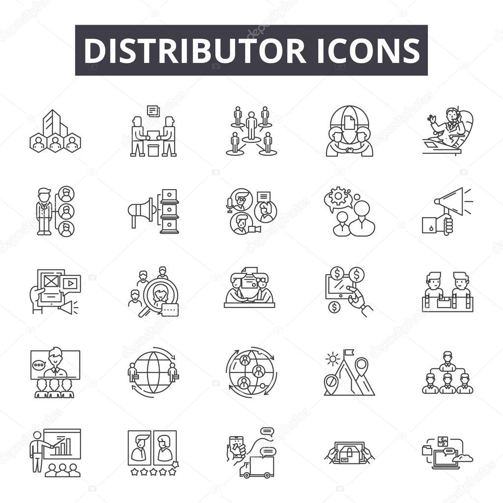 Distributor line icons, signs set, vector. Distributor outline concept, illustration: distributor,delivery,distribution,flat,network,black,structure