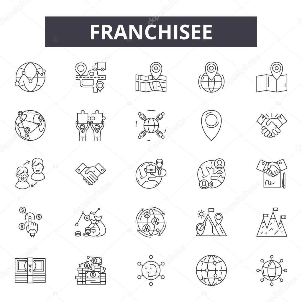 Franchisee line icons, signs set, vector. Franchisee outline concept illustration: franchisee,franchise,business,shop,store,model,retail,license
