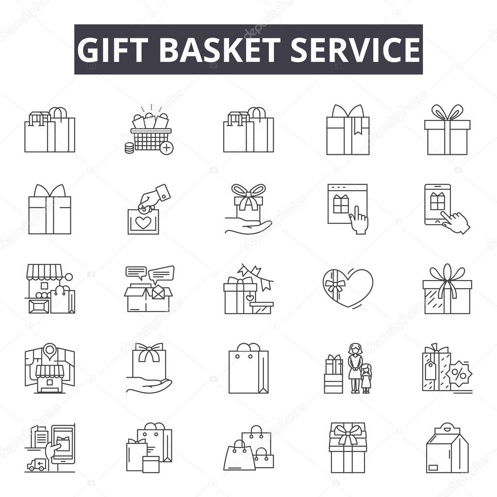 Gift basket service line icons, signs set, vector. Gift basket service outline concept, illustration: gift,sale,store,commerce,money,business,bag,discount,delivery