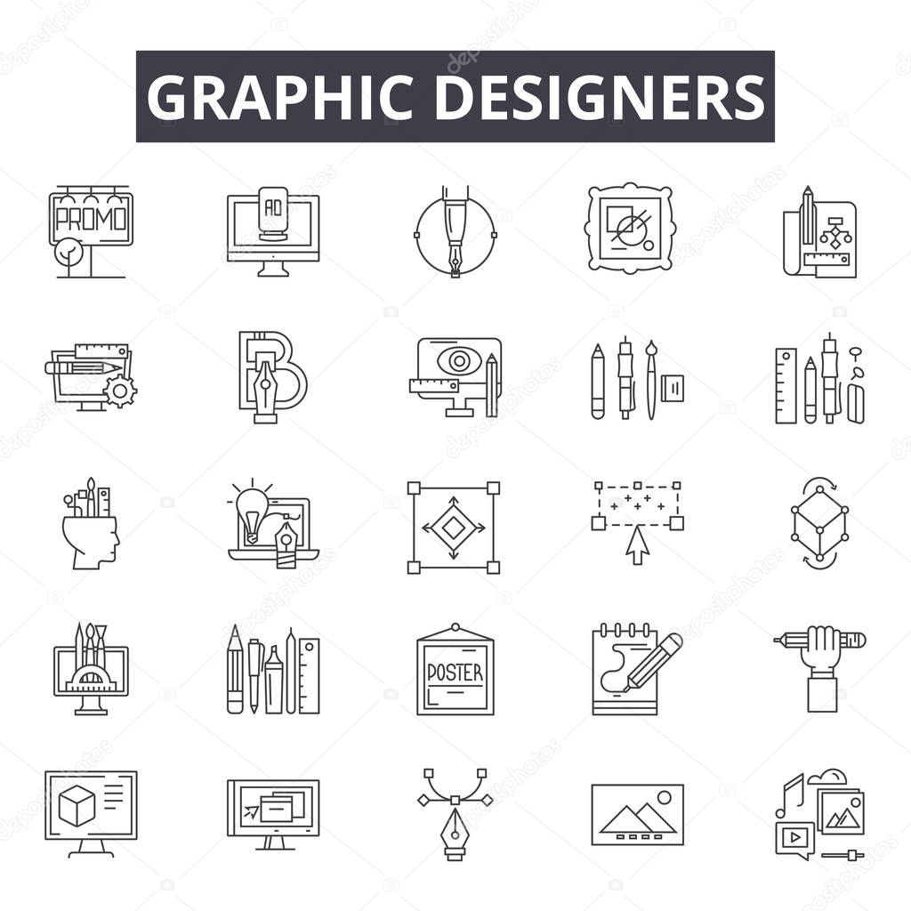 Graphic designers line icons, signs set, vector. Graphic designers outline concept illustration: dedesigner,graphic,web,drawing,tool