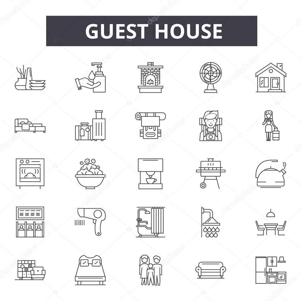 Guest hotel house line icons, signs set, vector. Guest hotel house outline concept, illustration: hotel,guest,building,house,room,home,apartment